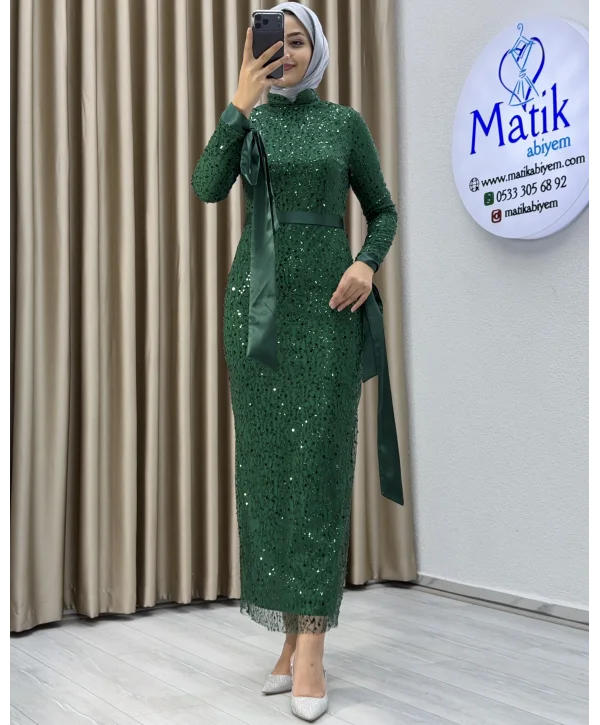 Analı Kızlı Boncuk Payet Midi Elbise