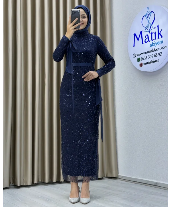 Analı Kızlı Boncuk Payet Midi Elbise