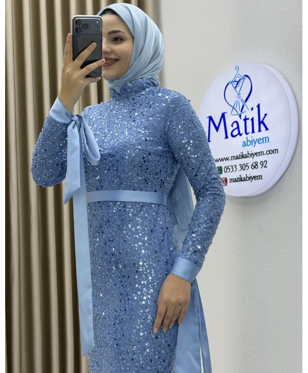 Analı Kızlı Boncuk Payet Midi Elbise