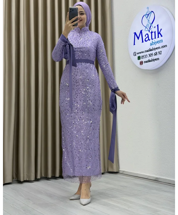 Analı Kızlı Boncuk Payet Midi Elbise