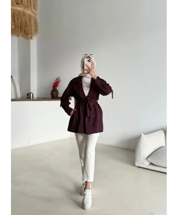 Kruvaze Yaka Trençkot-Kısa