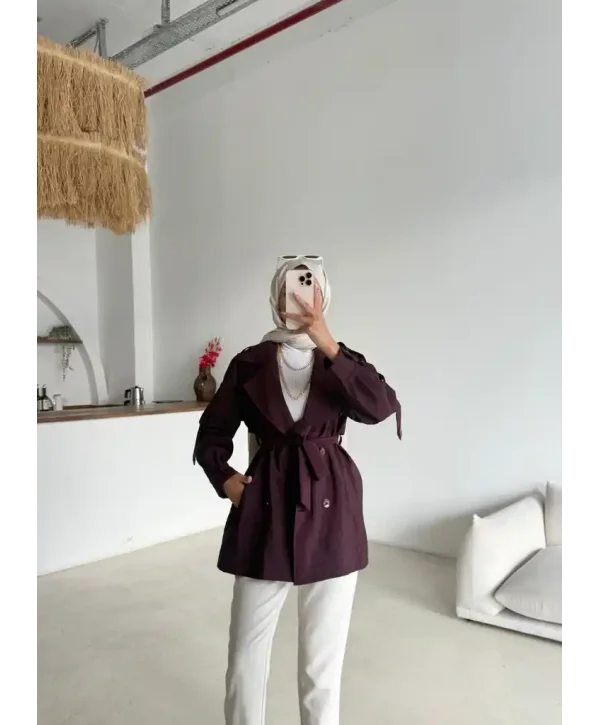 Kruvaze Yaka Trençkot-Kısa