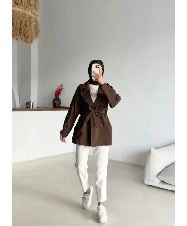 Kruvaze Yaka Trençkot-Kısa