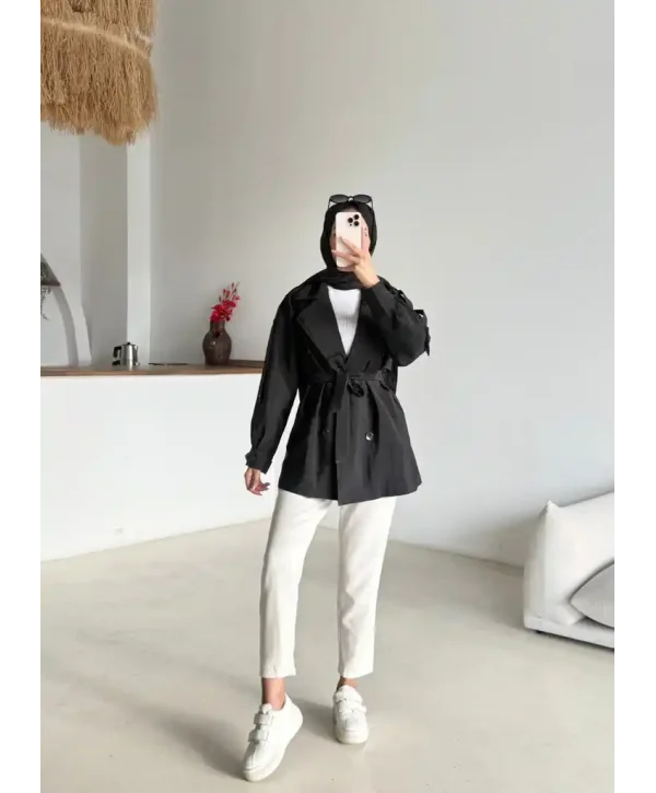 Kruvaze Yaka Trençkot-Kısa