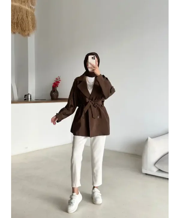 Kruvaze Yaka Trençkot-Kısa
