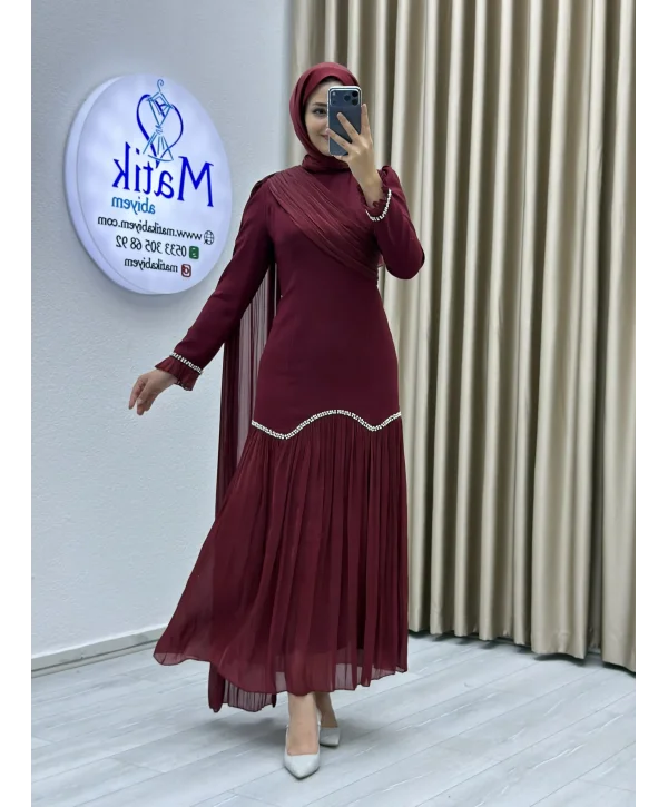 Sofia Kumaş Şifon Detaylı Abiye Elbise