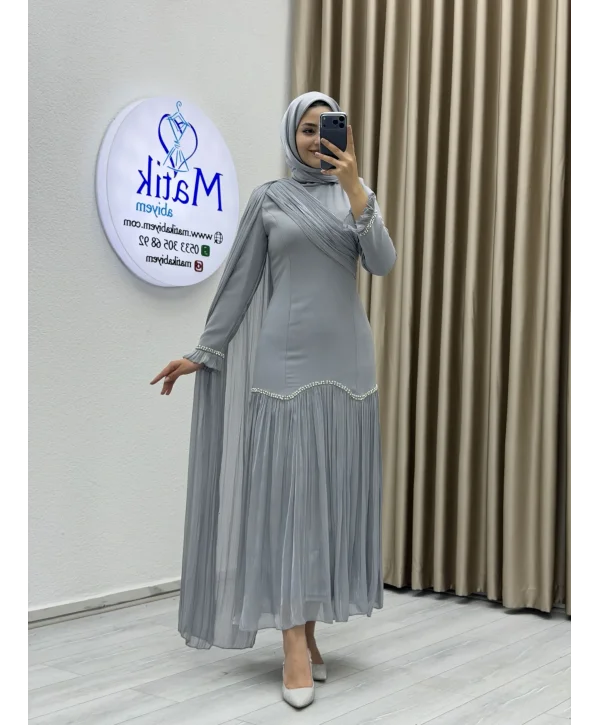 Sofia Kumaş Şifon Detaylı Abiye Elbise