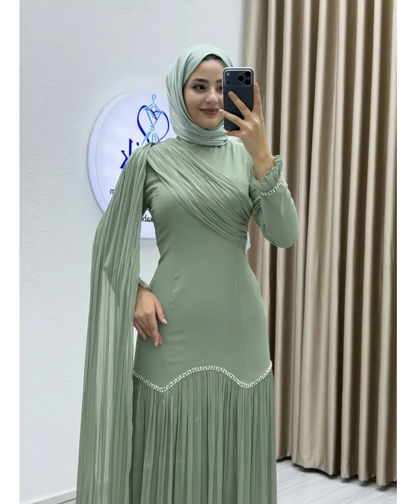 Sofia Kumaş Şifon Detaylı Abiye Elbise