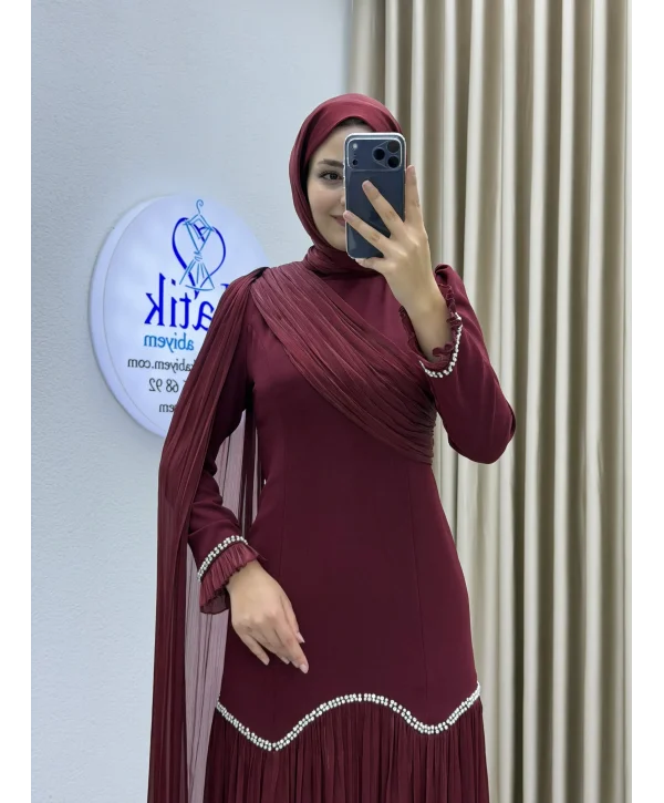 Sofia Kumaş Şifon Detaylı Abiye Elbise