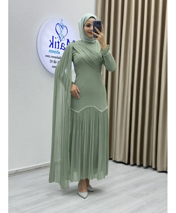Sofia Kumaş Şifon Detaylı Abiye Elbise