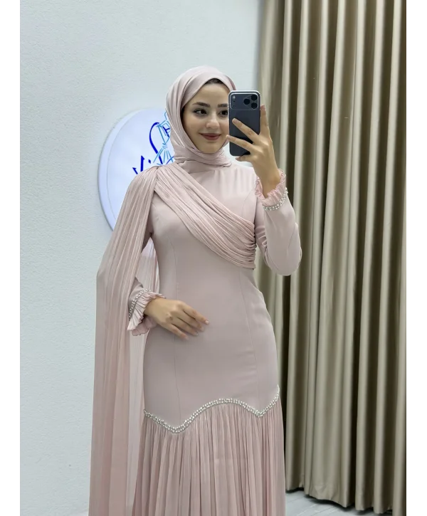 Sofia Kumaş Şifon Detaylı Abiye Elbise