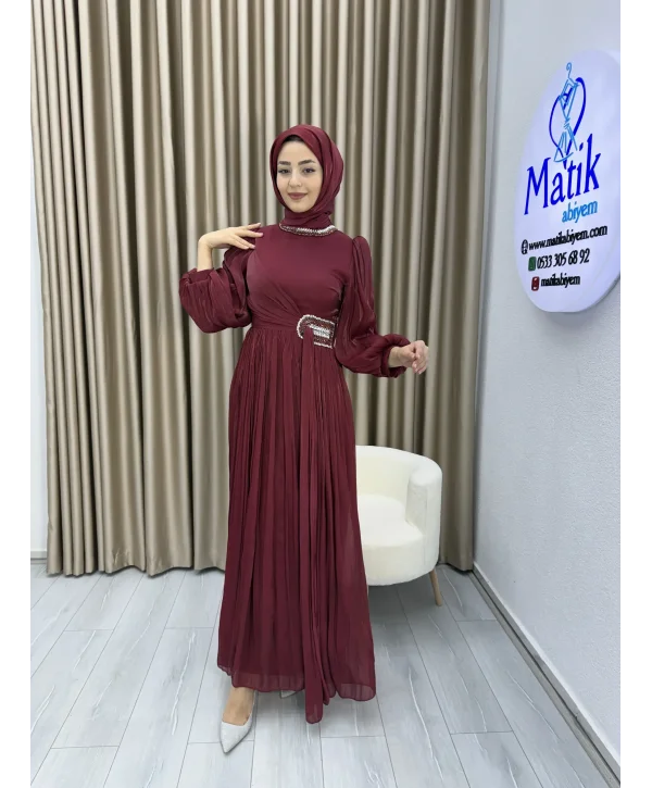 Sofia Kumaş Taş Detaylı Abiye Elbise