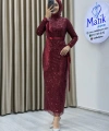 Analı Kızlı Boncuk Payet Midi Elbise