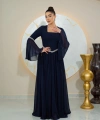 İnci Detaylı Şifon Kol Tasarımlı Uzun Lacivert Abiye Elbise