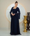 İnci Detaylı Şifon Kol Tasarımlı Uzun Lacivert Abiye Elbise
