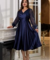 Saten İncili Tül Payet Tasarım V Dekolteli Diz Altı Elbise Abiye