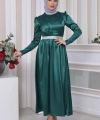 Saten Tasarım Beli Ve Boynu Taşlı Tesettür Abiye