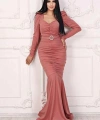 Scuba Krep Tasarım Pileli Dekolteli Balık Uzun Şık Elbise Abiye