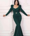 Scuba Krep Tasarım Pileli Dekolteli Balık Uzun Şık Elbise Abiye