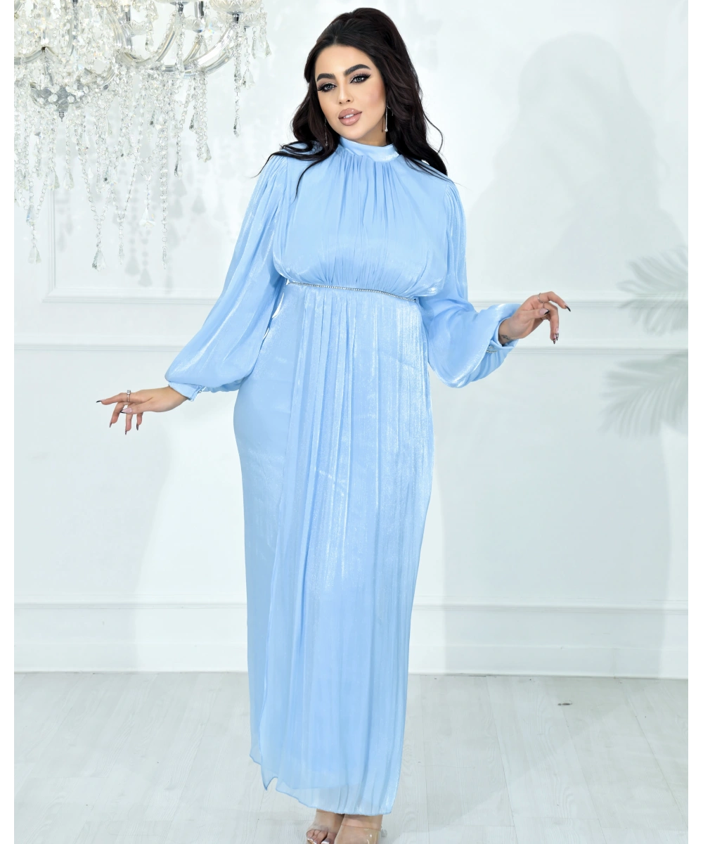 Yüksek Yaka, Bel Taş Detaylı, Uzun Kollu, Dökümlü Şifon Uzun Abiye Elbise