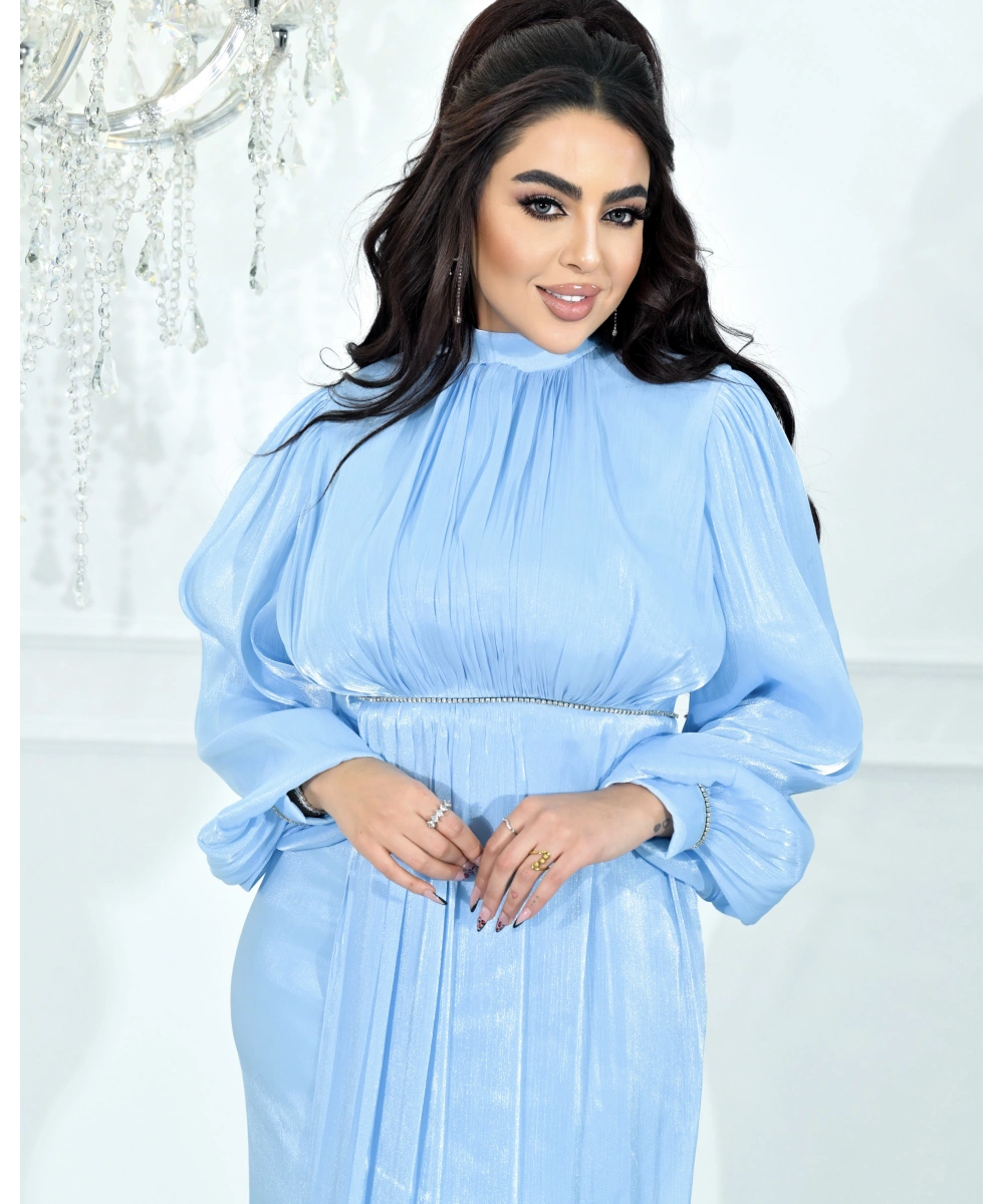 Yüksek Yaka, Bel Taş Detaylı, Uzun Kollu, Dökümlü Şifon Uzun Abiye Elbise