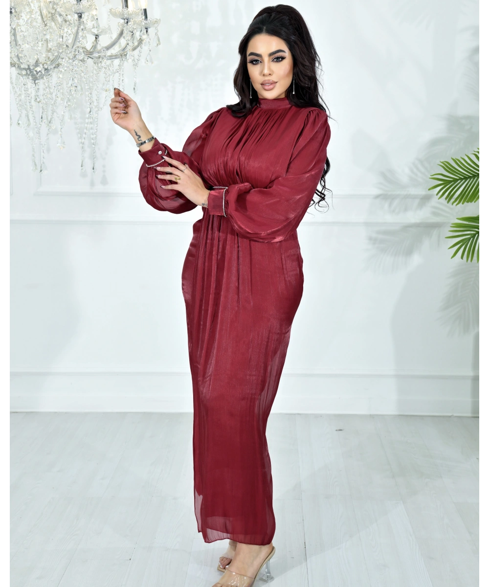 Yüksek Yaka, Bel Taş Detaylı, Uzun Kollu, Dökümlü Şifon Uzun Abiye Elbise