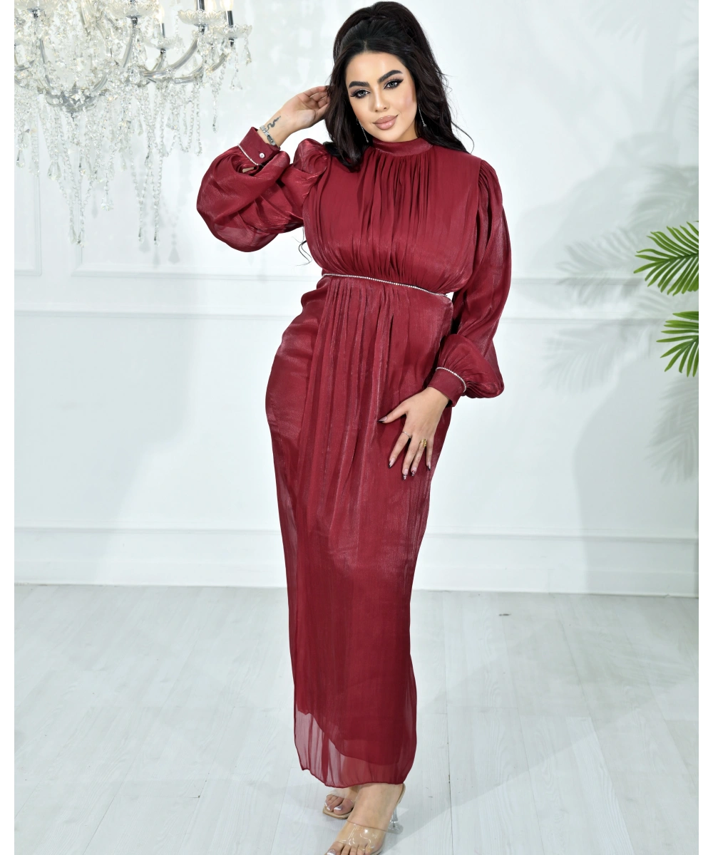 Yüksek Yaka, Bel Taş Detaylı, Uzun Kollu, Dökümlü Şifon Uzun Abiye Elbise