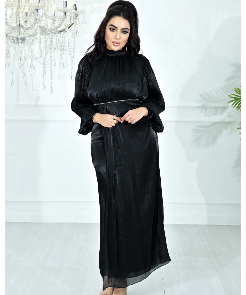 Yüksek Yaka, Bel Taş Detaylı, Uzun Kollu, Dökümlü Şifon Uzun Abiye Elbise