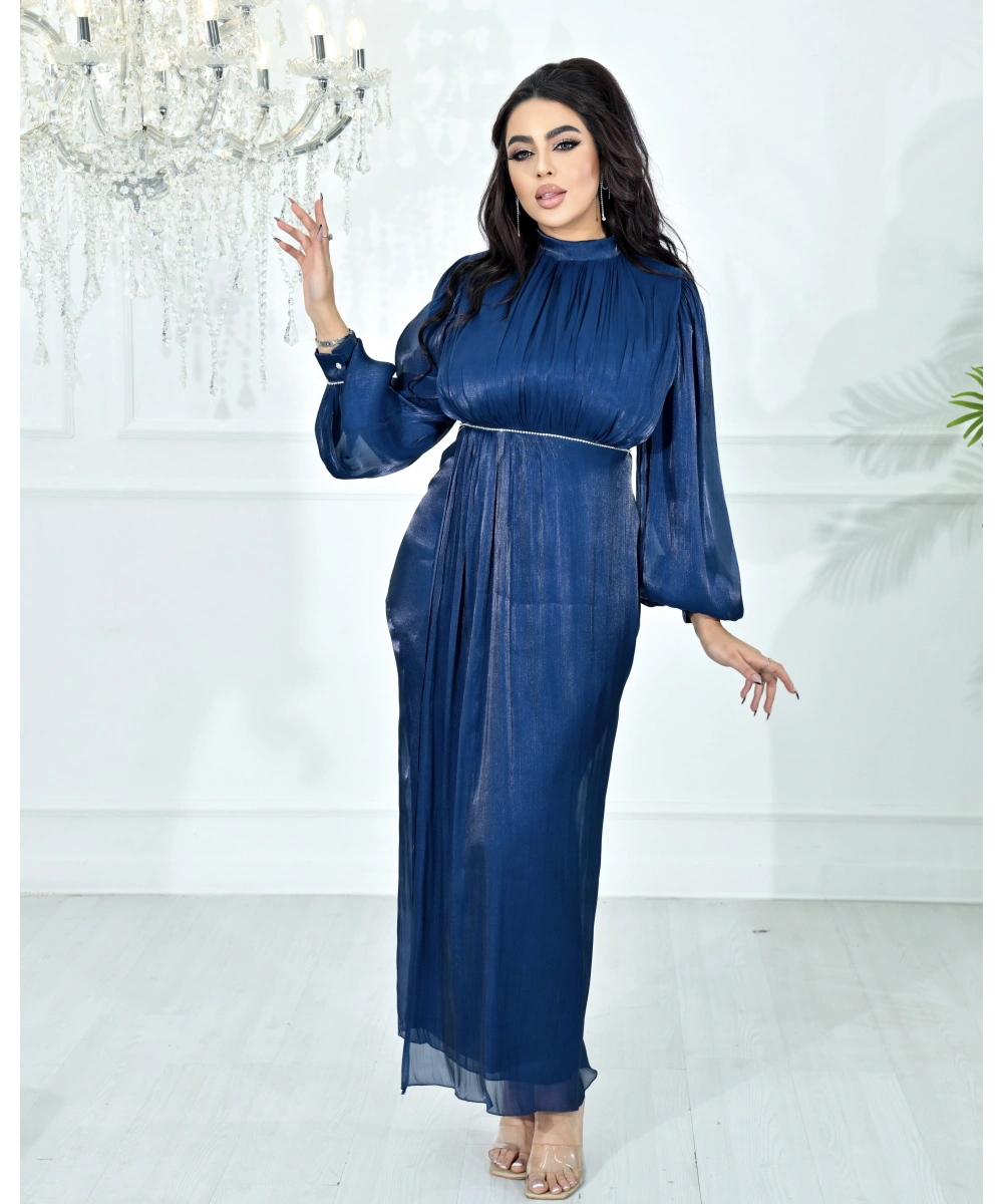 Yüksek Yaka, Bel Taş Detaylı, Uzun Kollu, Dökümlü Şifon Uzun Abiye Elbise