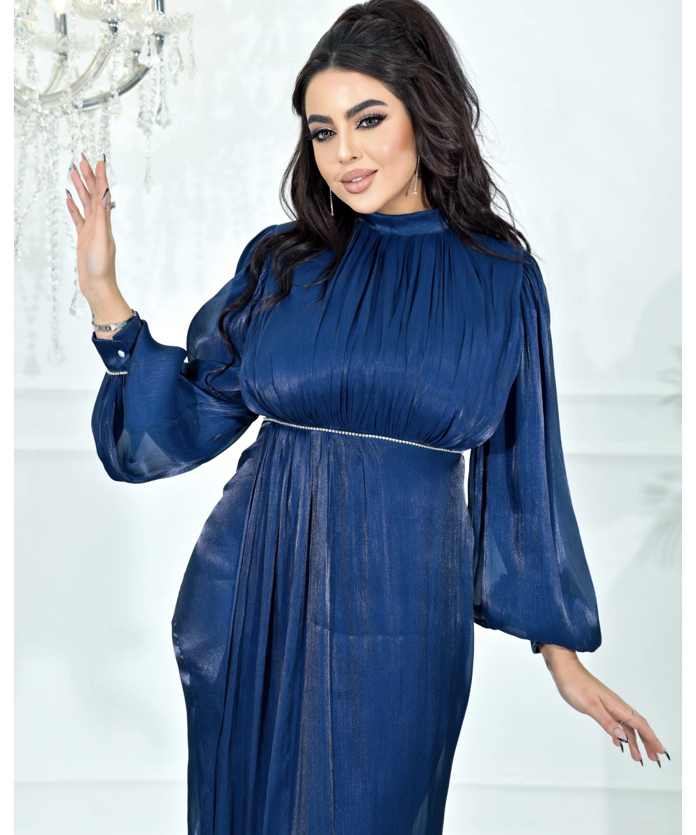 Yüksek Yaka, Bel Taş Detaylı, Uzun Kollu, Dökümlü Şifon Uzun Abiye Elbise