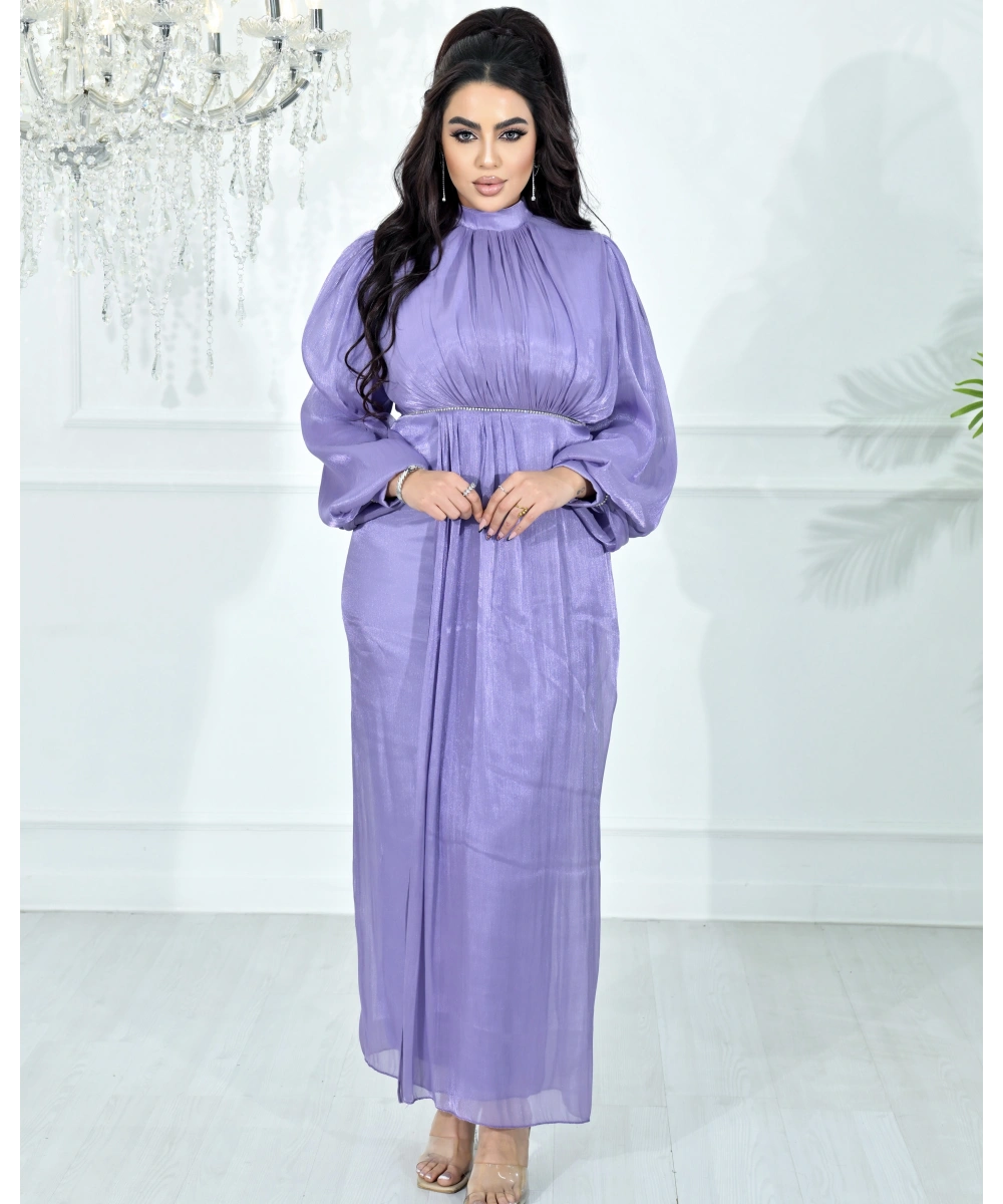 Yüksek Yaka, Bel Taş Detaylı, Uzun Kollu, Dökümlü Şifon Uzun Abiye Elbise