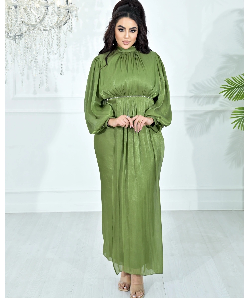Yüksek Yaka, Bel Taş Detaylı, Uzun Kollu, Dökümlü Şifon Uzun Abiye Elbise