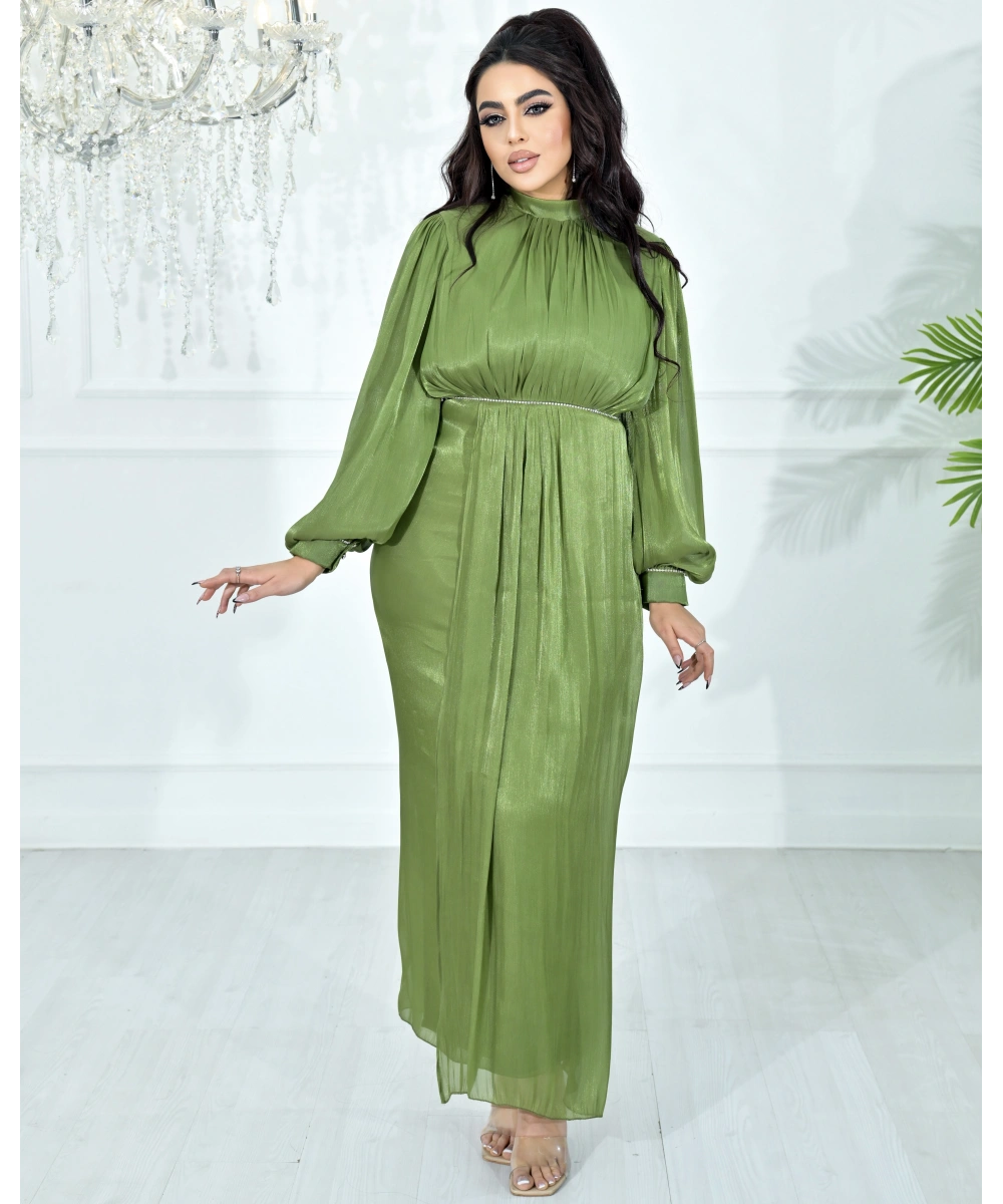 Yüksek Yaka, Bel Taş Detaylı, Uzun Kollu, Dökümlü Şifon Uzun Abiye Elbise