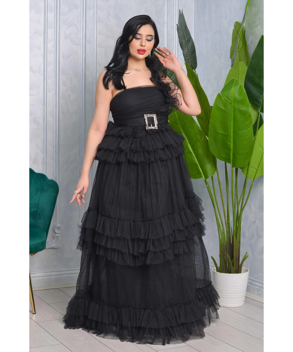 Missine Büzgülü Dekolteli Yırtmaçlı Kemerli Tül Uzun Elbise Abiye