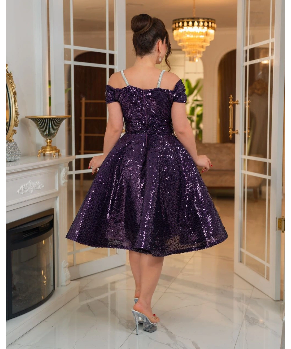 Altın Payetli Omuz Açık Drapeli Abiye Elbise