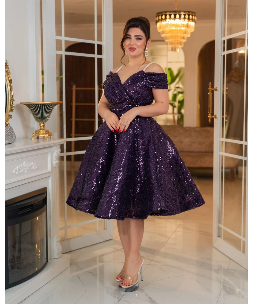 Altın Payetli Omuz Açık Drapeli Abiye Elbise