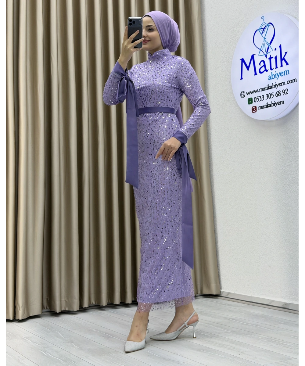 Analı Kızlı Boncuk Payet Midi Elbise