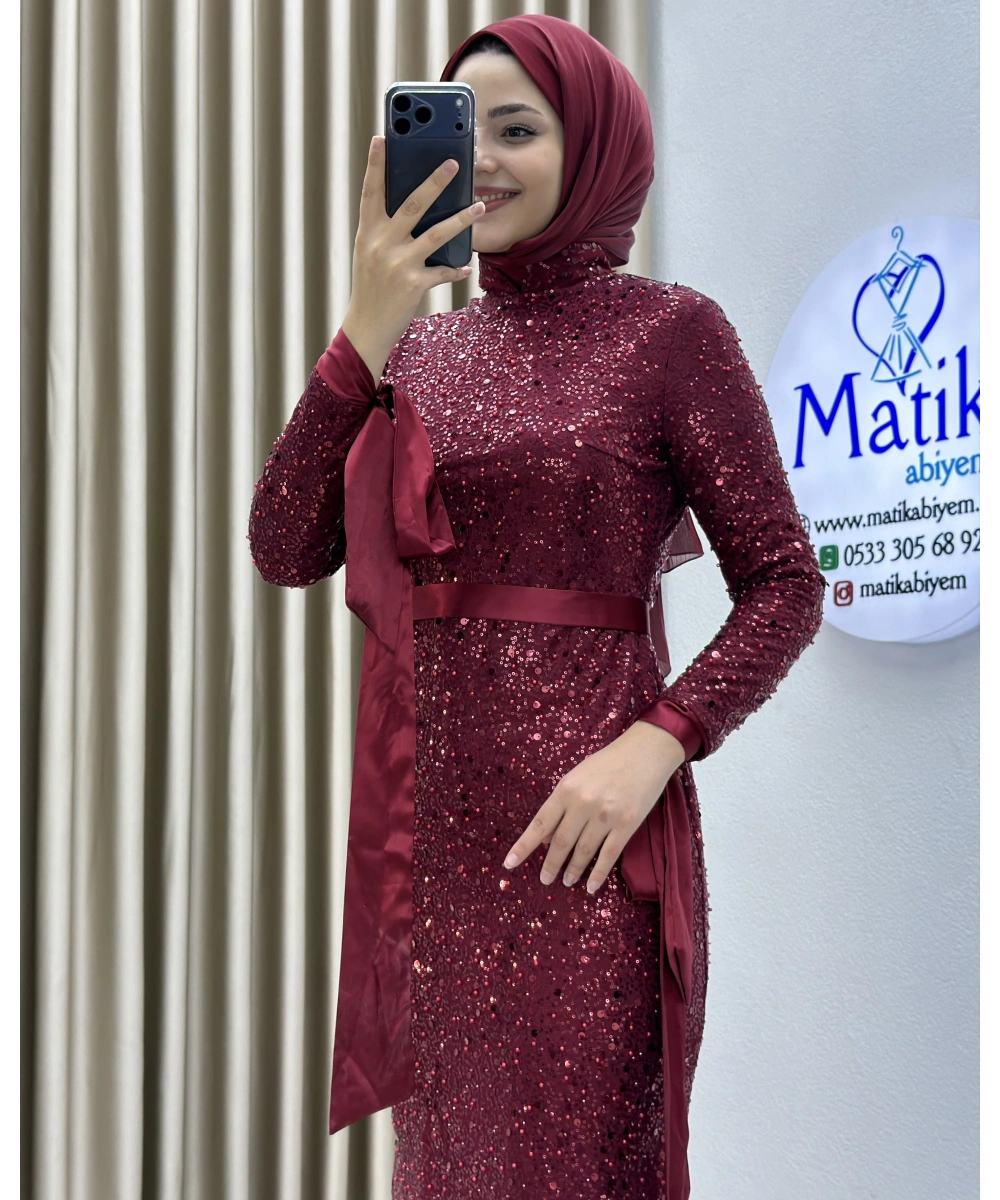 Analı Kızlı Boncuk Payet Midi Elbise