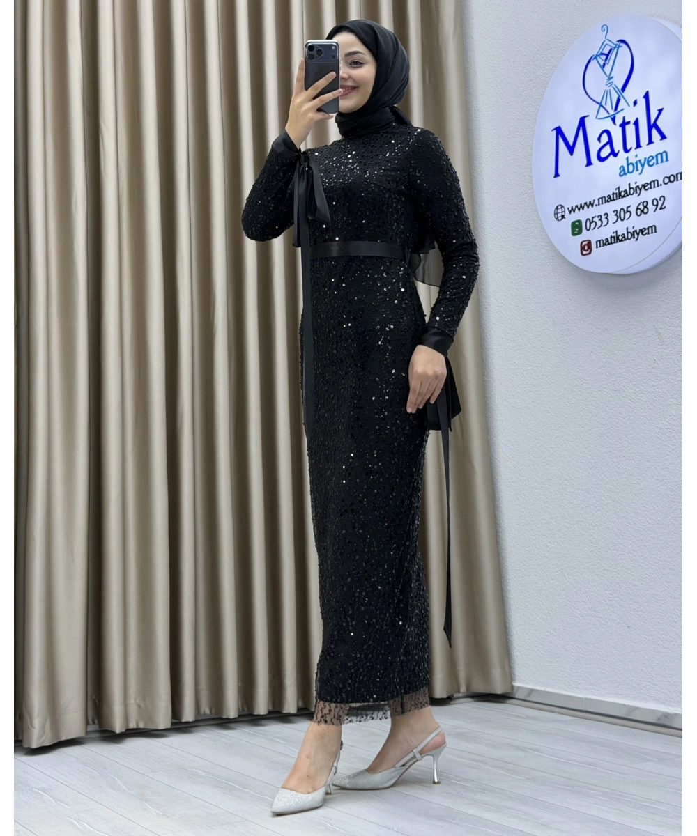 Analı Kızlı Boncuk Payet Midi Elbise