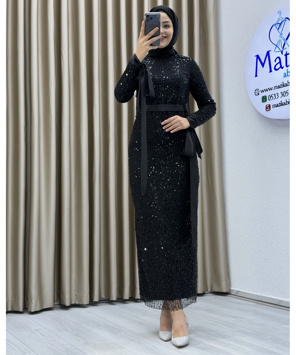 Analı Kızlı Boncuk Payet Midi Elbise