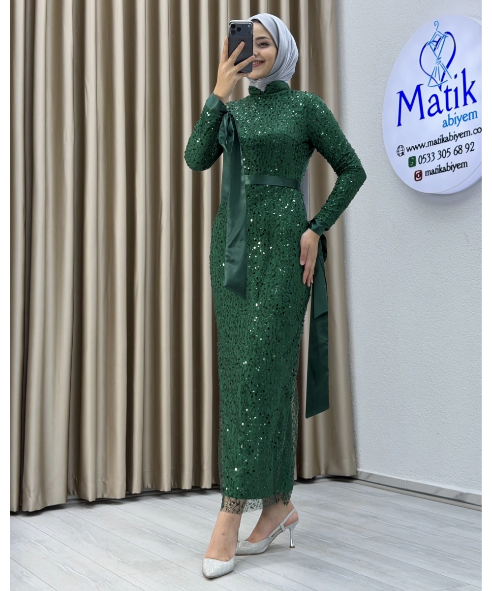 Analı Kızlı Boncuk Payet Midi Elbise