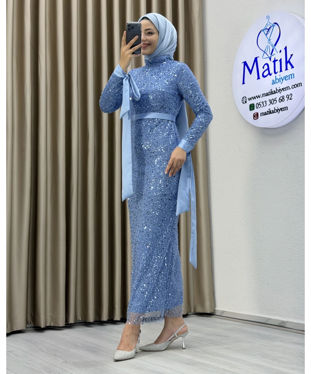 Analı Kızlı Boncuk Payet Midi Elbise