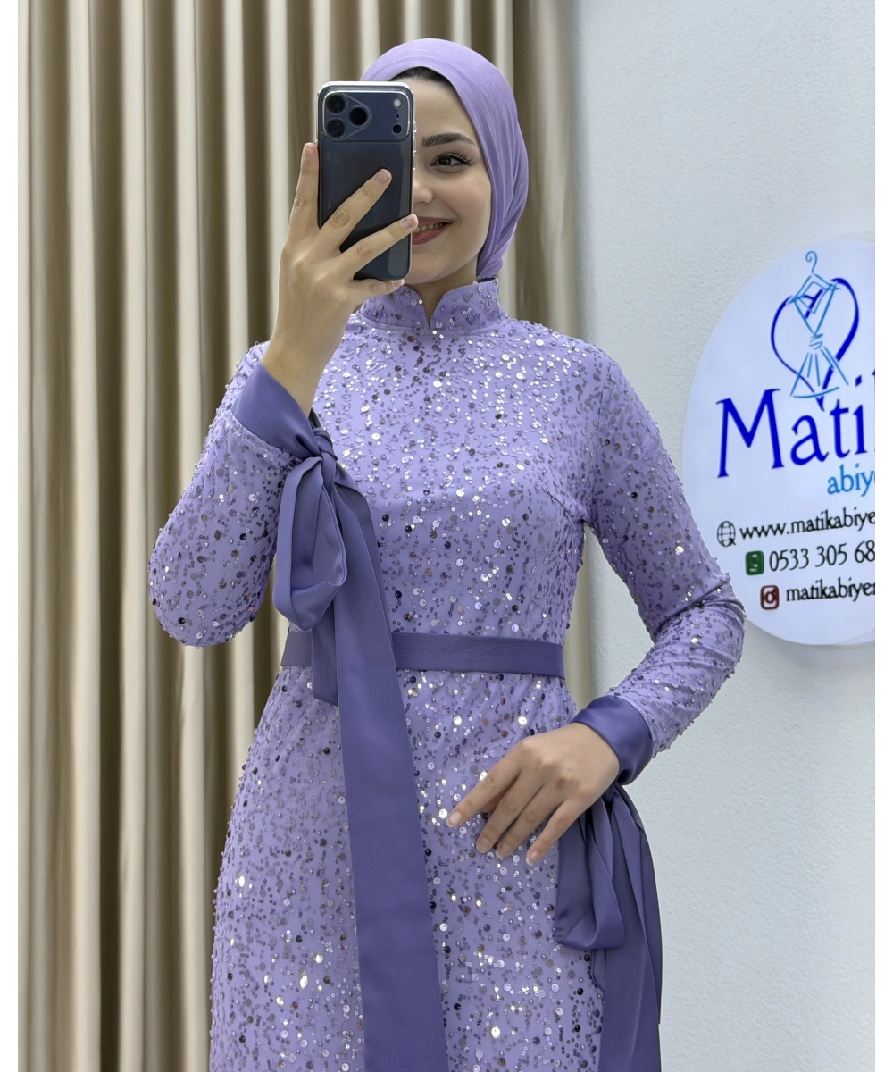 Analı Kızlı Boncuk Payet Midi Elbise