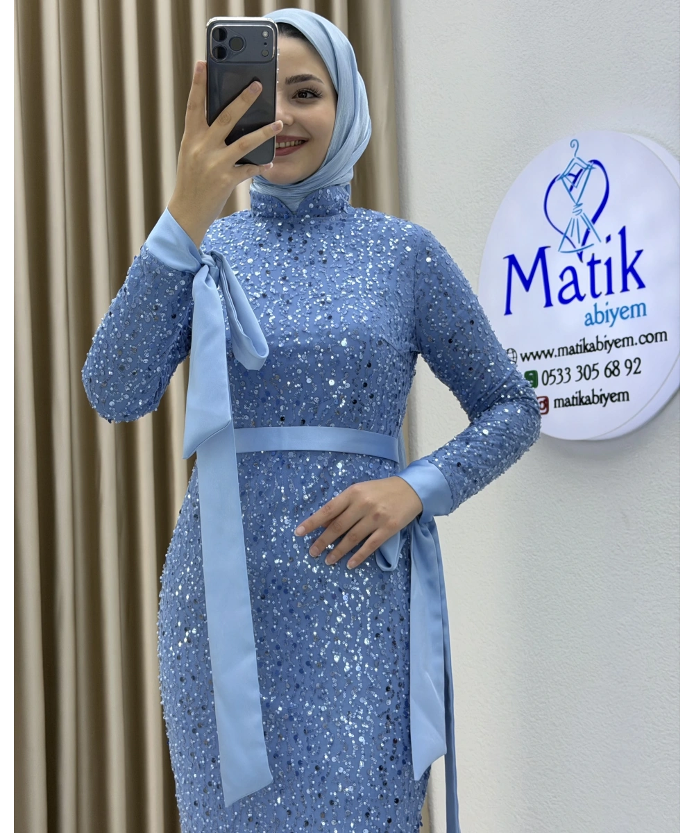 Analı Kızlı Boncuk Payet Midi Elbise