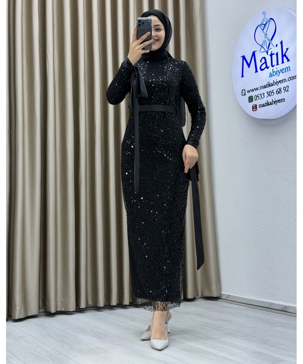 Analı Kızlı Boncuk Payet Midi Elbise