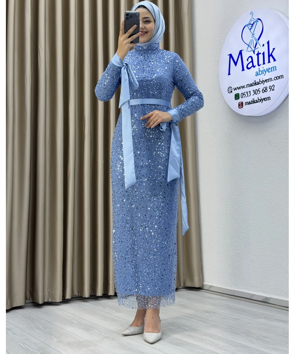Analı Kızlı Boncuk Payet Midi Elbise