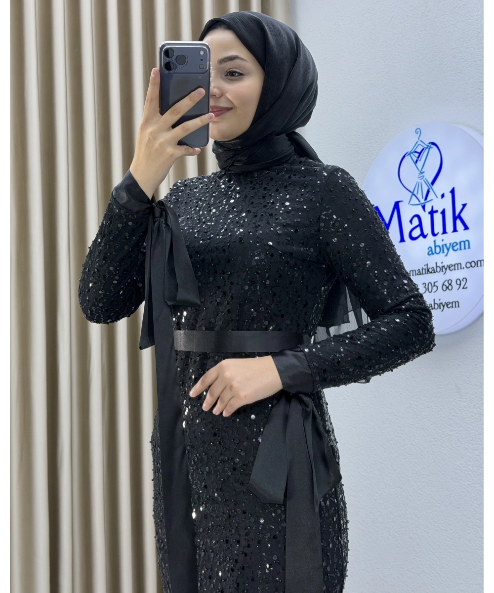 Analı Kızlı Boncuk Payet Midi Elbise
