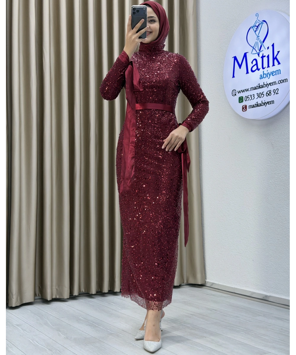 Analı Kızlı Boncuk Payet Midi Elbise