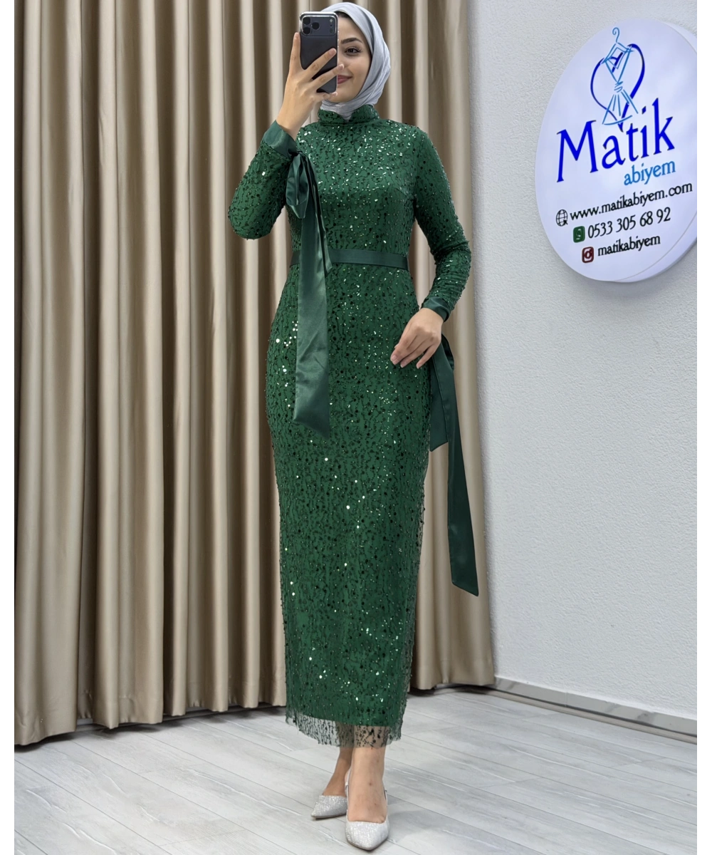 Analı Kızlı Boncuk Payet Midi Elbise