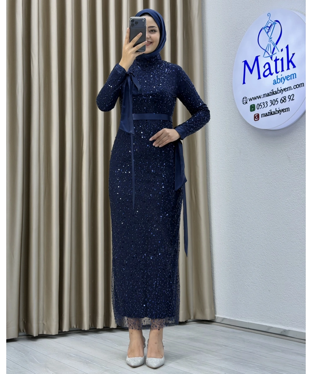 Analı Kızlı Boncuk Payet Midi Elbise